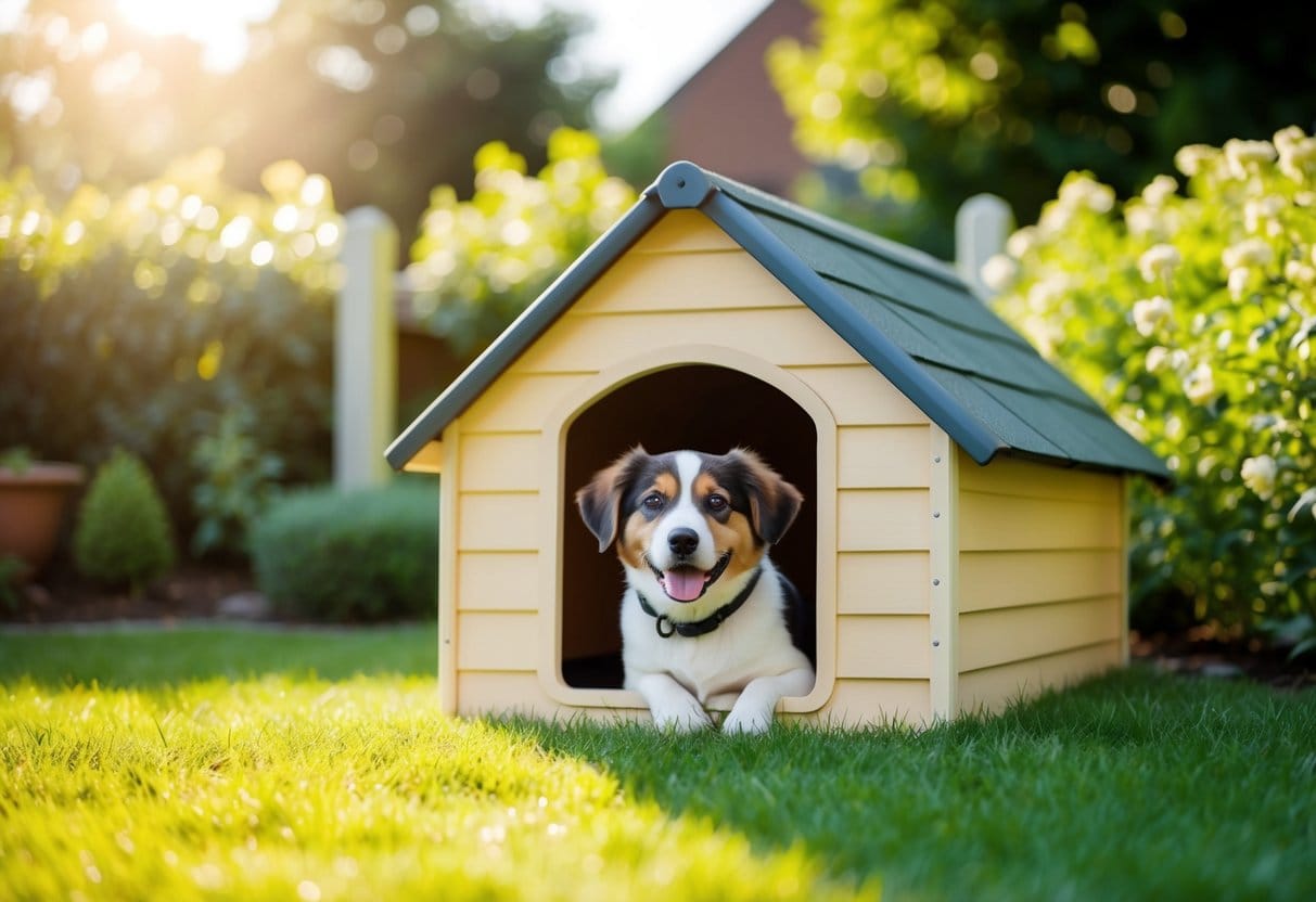 En hyggelig hundehus placeret i en solrig have med en glad hvalp kiggende ud